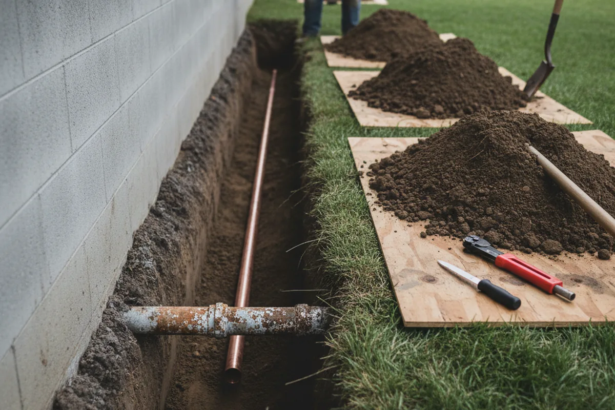 Excavated water line trench during Sewer Line Repair in Rayville